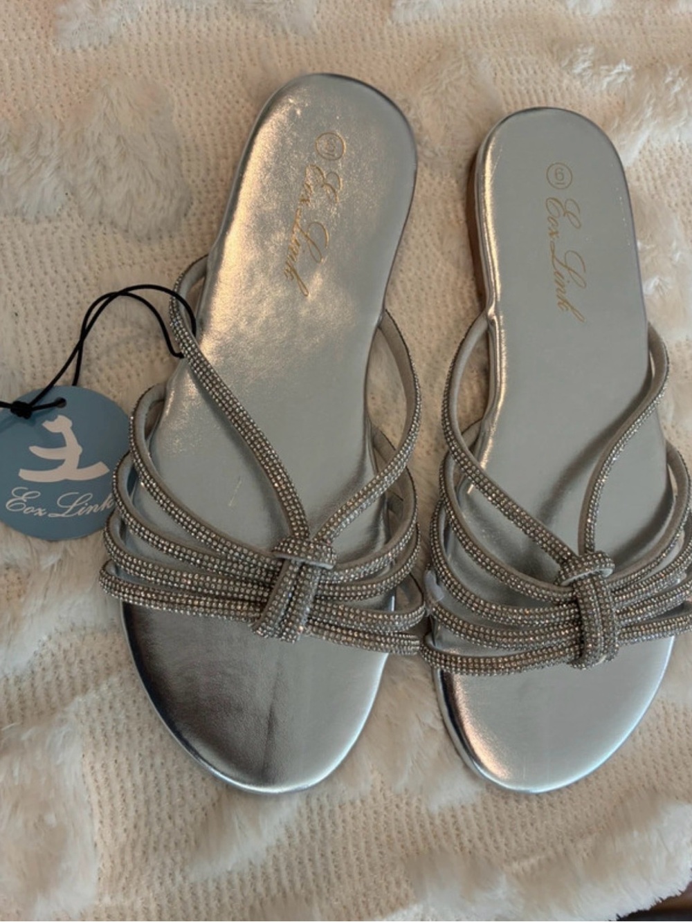 Eas Link Women’s Silver Rhinestone Strappy Slip-On Flat Slippers Size 6 New
